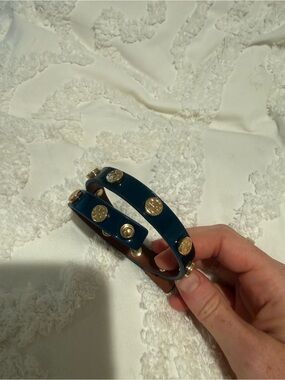 Tory Burch Teal Double-Wrap Leather Bracelet with Gold Logo Studs